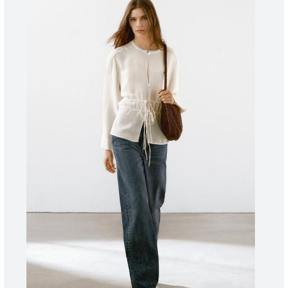 Massimo Dutti Women Flowing Tie Up Shirt Blouse XS Cream Semi Sheer 5190/933 NWT